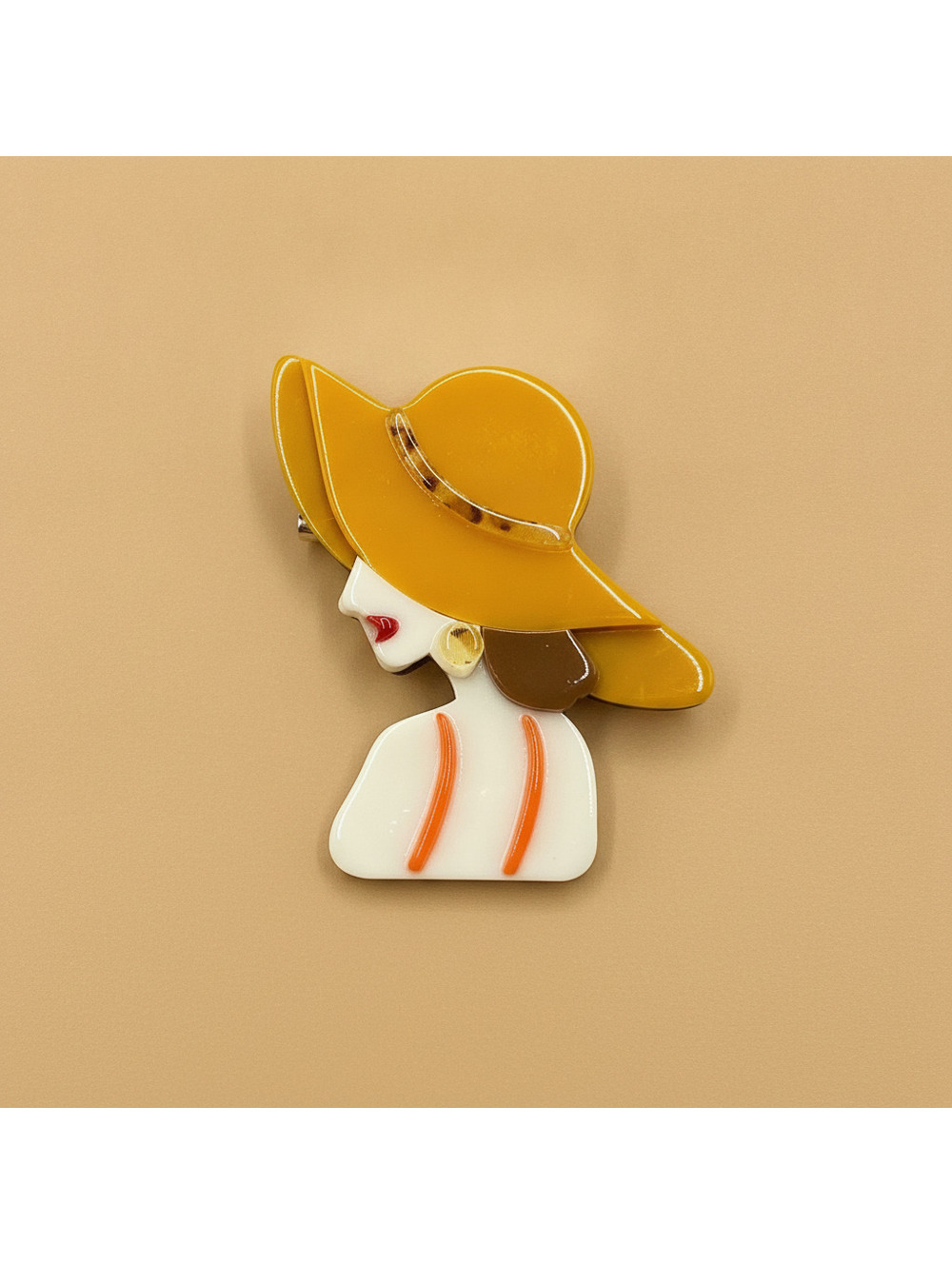 Stylish Woman Silhouette Brooch with Tan Hat